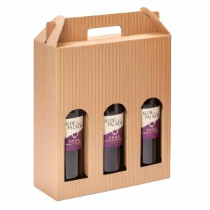 Flaschenkarton f&uuml;r 3 Flaschen, 273 x 89 x 330 mm, offene Welle, braun