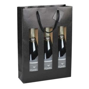 Flaschentasche f&uuml;r 3 Flaschen, 270 x 90 x 380 mm, mit Fenster, schwarz matt